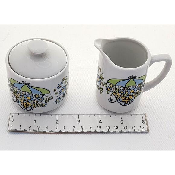 CREAMER AND SUGAR SET-Flower Cart-Blue Green Yellow Flowers-Japan-Small - Picture 8 of 9